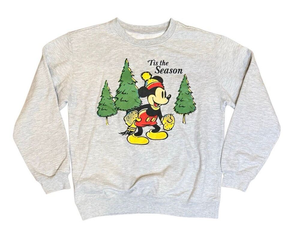 Disney Mickey Mouse Tis the Season Christmas Sweatshirt Gray Large Holiday Fleec